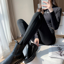 Black plus suede underpants woman outside wearing spring and autumn slim fit with high waist splicing tight fit small feet elastic and slim black pants