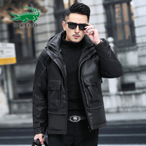 Crocodile leather leather mens sheep short hooded fashion 90 white duck down warm down jacket men plus velvet thick