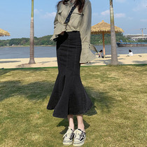 Black High Waist Denim Fish Tail Skirt Half Body Dress Woman Spring Autumn A Character Dress Lotus Leaf Middle Long Style Hot Girl Bag Hip Skirt Summer