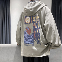 Spring and autumn jacket mens Japanese fashion brand print casual hood top trend fat man size loose handsome coat