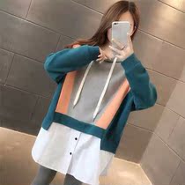 Pregnant women's clothing hot mom spring and autumn fake two-piece sweater women's 2022 new loose shirt stitching spring pregnant women's coat
