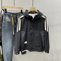Cargo casual outerwear contrast panels mens jacket spring new trend hooded loose striped youth coat
