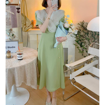 2022 new port Taste Vintage Chic Long Dress Code Fairy Advanced Sensation Niche Design Green Dress Subs Summer