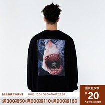 CHINISM behind the fierce shark head print sweater mens Tide brand black loose high street round neck long sleeve top