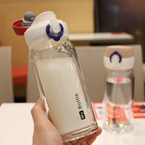 Fresh glass Korean double-layer water cup with lid leak-proof water bottle creative straight drinking cup couple Cup Tea Cup heat-resistant