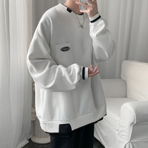 Hong Kong wind sweater mens autumn ins tide brand wild loose 2021 new round neck hooded fake two-piece top handsome