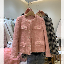 Pink tweed small fragrant wind cotton jacket thickened womens autumn and winter Joker 2021 new foreign style short coat
