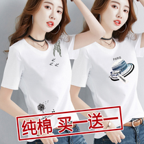Pure cotton short-sleeved t-shirt womens summer 2021 new design sense niche printing thin section bodysuit white top ins