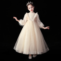 Girls long-sleeved princess skirt puffy gauze childrens high-end flower girl dress girl piano performance autumn