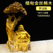Arhat gold silk Nanmu root carving ornaments Solid wood carving Buddha figures Feng Shui fortune fighting evil living room decoration crafts