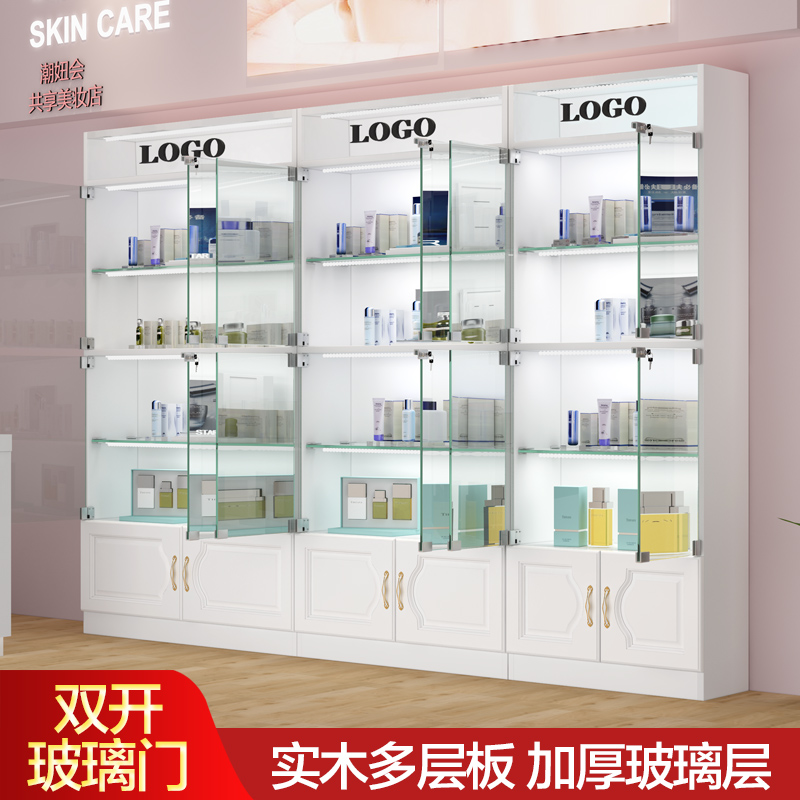 New light box double open glass door with lock commercial cosmetics display container container beauty mother and baby products hand-held cabinets