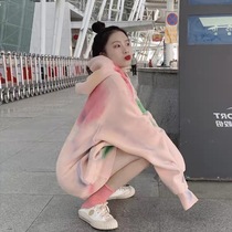 Pregnant women pink hooded sweater women 2021 autumn and winter New loose Korean tie-dyed long sleeve plus velvet padded top