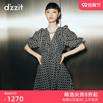 dzzit USA 2021 summer counter new bubble sleeve V collar print sweet dress female 3D2O4506A
