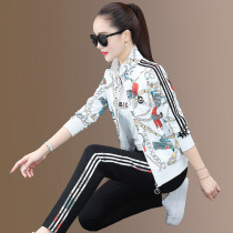 Spring sports suit women 2021 new casual fashion trend print jacket loose foreign atmosphere thin three-piece set