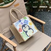 Original Japanese-style cute hand-painted cartoon handbag office workers lunch box bag bento bag linen bag storage bag waterproof