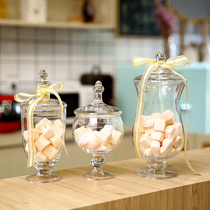 European-style transparent glass candy jar storage jar sugar jar with lid high foot window wedding dessert table soft decoration display