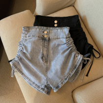  Drawstring strap shorts female summer hot girls high waist double buckle European and American stretch hot pants thin tight hip jeans