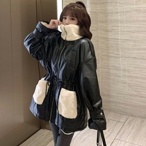 Leather and hair one thickened locomotive clothing pu leather jacket women autumn and winter long drawstring waist plus velvet stand collar cotton suit