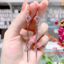 s925 sterling silver pink square long tassel anti-lost EAR thread female simple hollow love earrings 21 years New Tide