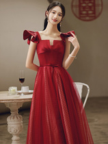 One-word shoulder toast dress 2021 new wedding engagement wine red evening dress dress suspender thin temperament princess style