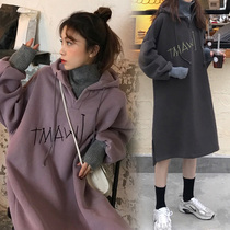 Pregnant women autumn and winter clothes out fashion plus velvet padded skirt loose hooded pregnant women dress long tide