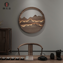 New Chinese style solid wood round luminous screen with lamp decoration living room Hotel tea room entrance background wall hanging screen partition