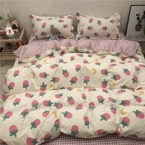 ins Wind pink strawberry wash cotton bed four-piece sheet people dormitory three-piece girl heart quilt cover