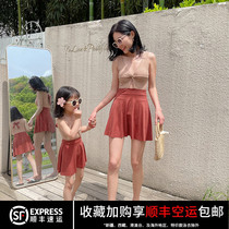  Parent-child swimsuit mother and daughter conservative thin skirt one-piece flat angle childrens hot spring girls 2021 new summer swimsuit