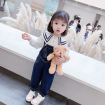 Girls jeans Spring and Autumn wear 2021 new foreign style female baby belt pants set children children autumn clothes