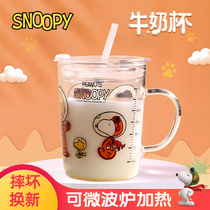 Snoopy childrens milk cup with scale glass Microwave oven heating baby milk drinking straw cup Household water cup