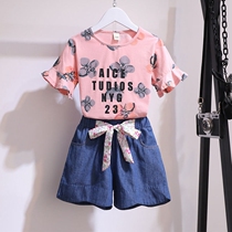  Girls summer suit 2021 new childrens summer big childrens clothing girls Korean version of foreign style net red shorts two-piece set