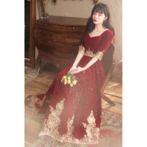 Toast dress bride pregnant woman Summer wedding back door thank you dinner dress Female wine red long mid-sleeve large size fat mm