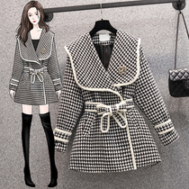 2021 autumn and winter new large size women's fat sister houndstooth medium long waist wool navy collar coat coat