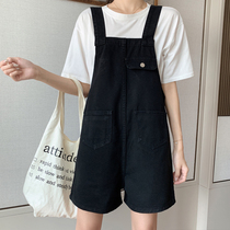 Denim bib shorts womens 2021 summer new Korean version loose thin age reduction large size wide leg five-point pants tide