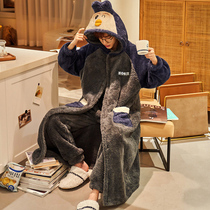 Pajamas men autumn and winter flannel long robe plus velvet padded long sleeve coral velvet home clothing two-piece set
