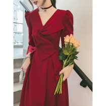 Toast Bride 2021 new wine red usually wear engagement stunning red dress winter long sleeve back dress