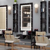 Barber mirror table hanging wall mirror solid wood cabinet integrated salon single-sided floor mirror with LED lamp marble table