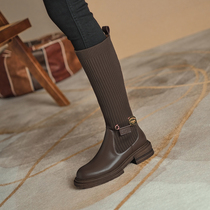 Short long tube but knee boots female 2021 autumn and winter new explosive knitted stretch thin tall Knight boots