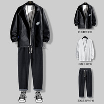 Leather mens coat spring and autumn 2021 New Korean fashion mens clothing set with Ruffian handsome leather jacket clothes