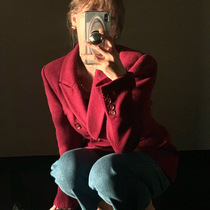 Shi Weiliang beautiful Bordeaux red ~ Italian spinning double-breasted wool coat long womens autumn suit jacket