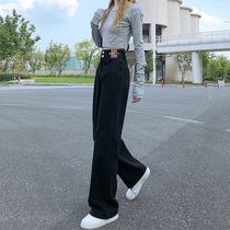 Black straight jeans womens autumn and winter 2021 new small man high waist loose and velvet thick wide leg pants