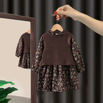 Girls  autumn floral dress Western style female baby Korean new childrens childrens clothing long-sleeved suit skirt