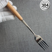 Long handle beech handle 304 stainless steel fork Round handle fruit fork Three teeth steak fork Dessert heart salad fork