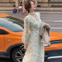 Early spring wear new romantic French retro temperament orange terrier long skirt chic design sense niche floral dress