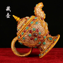 Antique antique collection Tibet old pure hand-made inlaid gem inlaid gem silk silver Hulk Kettle Teapot