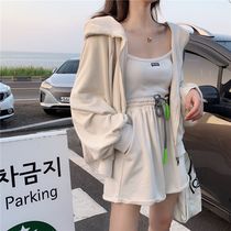 Spring and autumn net red fashion suit womens sports and leisure Hong Kong style retro chic two-piece sweater cardigan jacket shorts