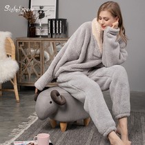 Shu lint flannel loose autumn and winter womens warm thickening can be worn outside home pajamas set cute home clothes