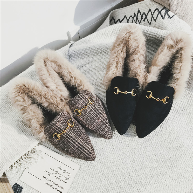 Women in High-heeled Shoes Outside Winter 2018 New Rough-heeled Lazy Shoes with One Foot Sticking on the Net and Red Fur Shoes Muller Fur Slippers