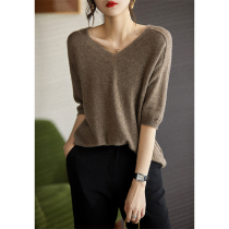 Smile culvert Subtle Pure Cashmere Trendy Styling Sleeve Deep V Knit Blouse Design Sensation ZVA360413AG