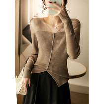 Laughs Culvert Elegant micro revealing shoulder Yangzi yarn pure wool knit cardiovert blouses ZWI360707AG